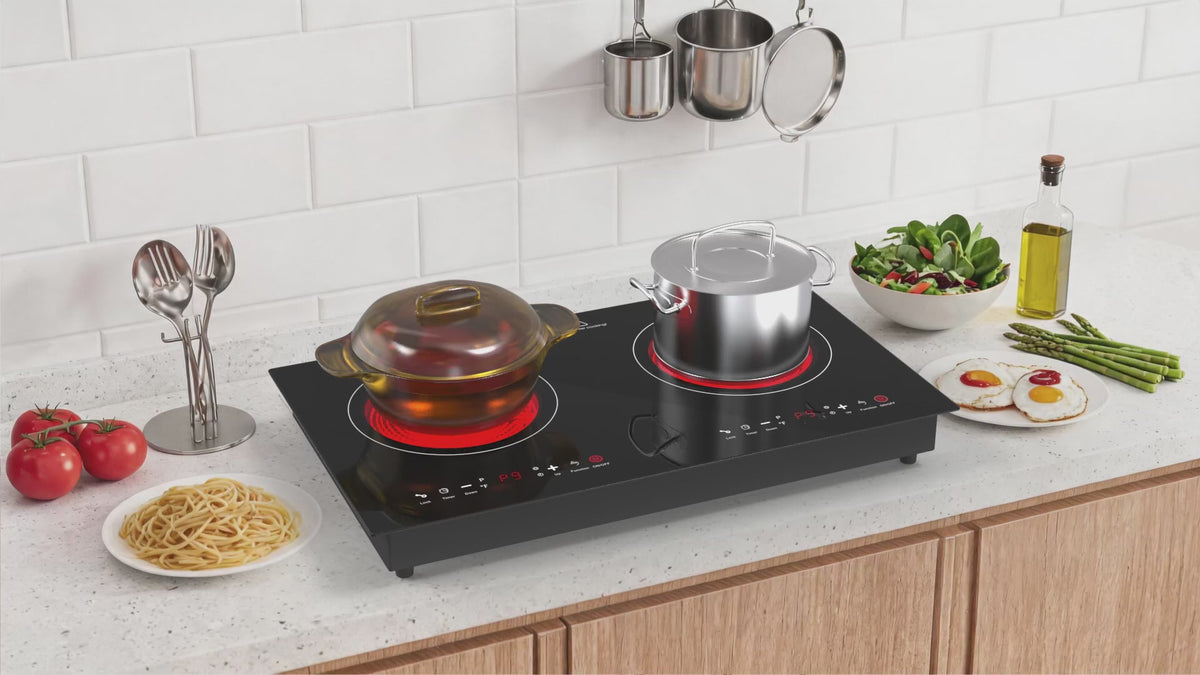 Charger la vidéo : Plaque de cuisson électrique VBGK 24 pouces à 2 foyers, table de cuisson vitrocéramique 110V 3000W avec chauffage infrarouge, sécurité enfant et minuterie pour cuisine de VR ou d'appartement