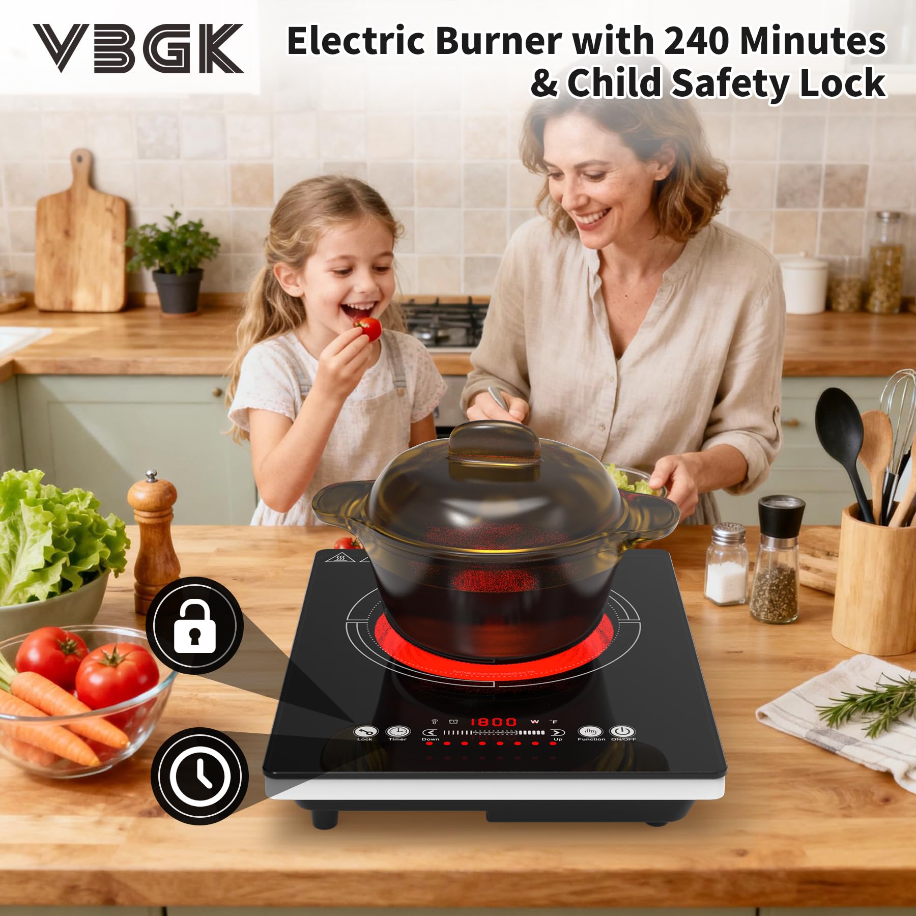 VBGK Single Burner Electric Cooktop,110V 1800W electric burner,portable single burner cooktop