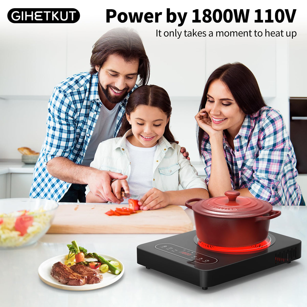 VBGK Elektrisches Einzelkochfeld 12 Zoll, 110V 1800W mit LED-Touch-Steuerung & Sicherheitsverriegelung für die Küche zu Hause
