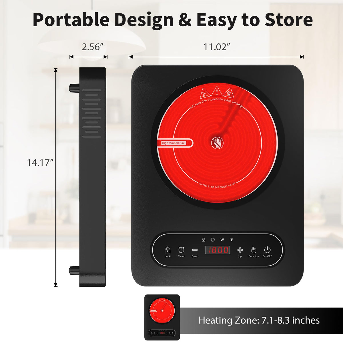 Piano cottura elettrico a fuoco singolo VBGK da 12 pollici, 110V 1800W con controllo touch a LED e blocco di sicurezza per la cucina domestica