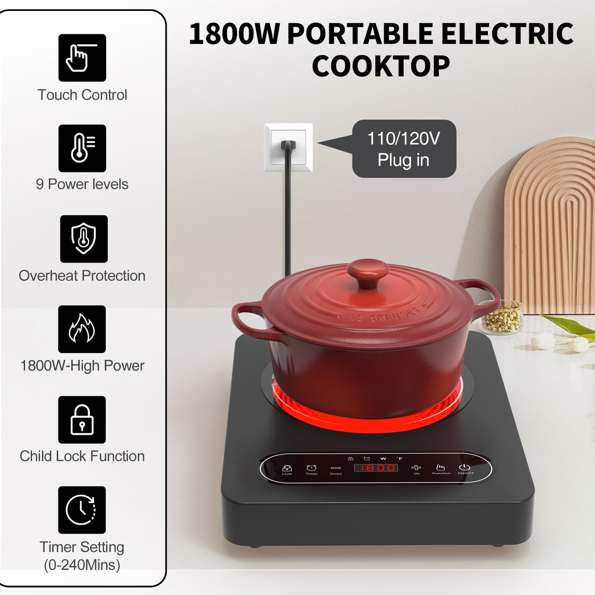 Piano cottura elettrico a fuoco singolo VBGK da 12 pollici, 110V 1800W con controllo touch a LED e blocco di sicurezza per la cucina domestica