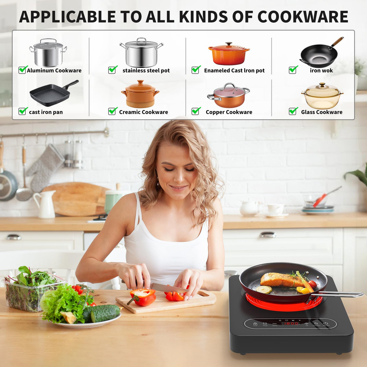Piano cottura elettrico a fuoco singolo VBGK da 12 pollici, 110V 1800W con controllo touch a LED e blocco di sicurezza per la cucina domestica