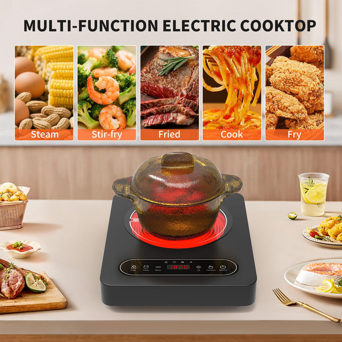 Piano cottura elettrico a fuoco singolo VBGK da 12 pollici, 110V 1800W con controllo touch a LED e blocco di sicurezza per la cucina domestica