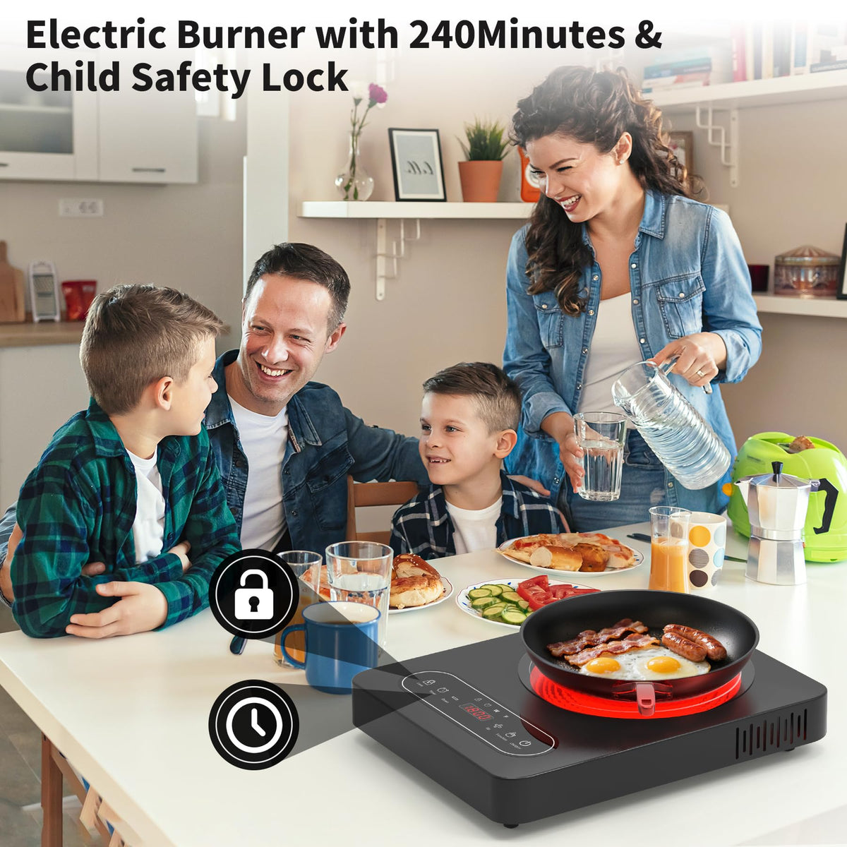 Piano cottura elettrico a fuoco singolo VBGK da 12 pollici, 110V 1800W con controllo touch a LED e blocco di sicurezza per la cucina domestica