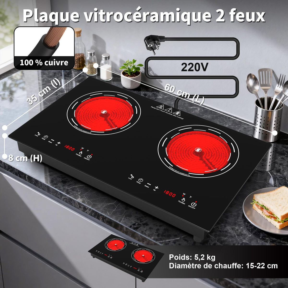 Piano cottura elettrico in vetroceramica VBGK 3600W 220V 60cm, comandi touch a LED, 9 livelli di potenza, blocco bambini, timer 4 ore e protezione contro il surriscaldamento