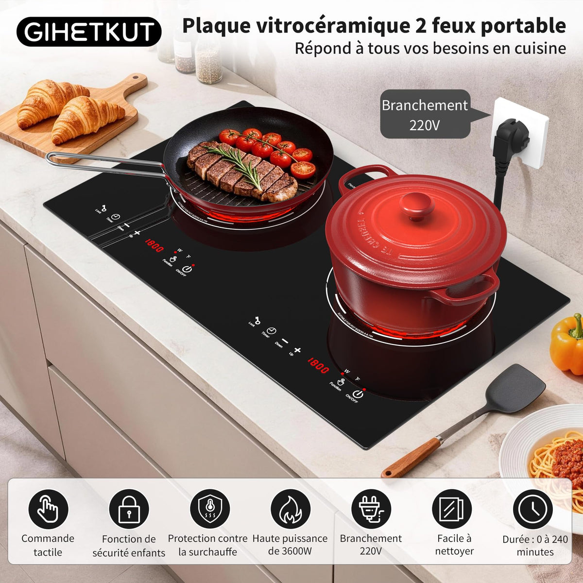VBGK 3600W 220V 60cm Glaskeramik-Kochfeld, LED-Touch-Steuerung, 9 Leistungsstufen, Kindersicherung, 4-Stunden-Timer und Überhitzungsschutz
