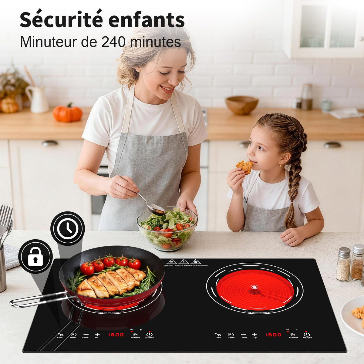 Piano cottura elettrico in vetroceramica VBGK 3600W 220V 60cm, comandi touch a LED, 9 livelli di potenza, blocco bambini, timer 4 ore e protezione contro il surriscaldamento
